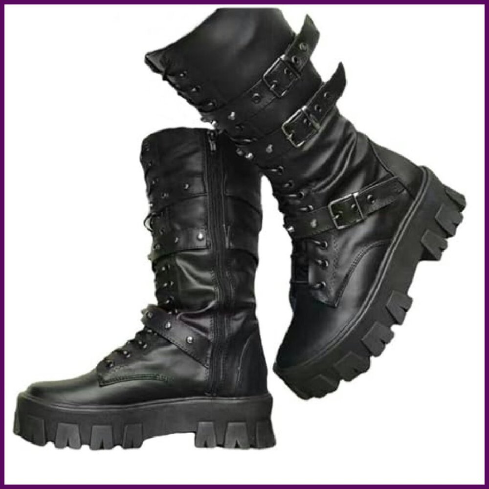 Women's Platform Combat Boots Chunky Heel Side Zip Lace Up Punk Ankle Booties - Picture 2 of 7